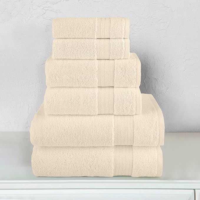 Elegant Comfort Premium Cotton 6-Piece Towel Set, Includes 2 Washcloths, 2 Hand Towels and 2 Bath Towels, 100% Turkish Cotton - Highly Absorbent and Super Soft Towels for Bathroom, Ivory