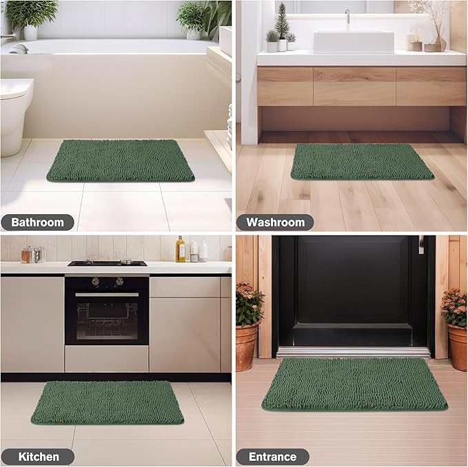 Dark Green Bathroom Rugs – Absorbent and Washable Bath Mat, Non-Slip, Thick Soft Chenille Bath Rugs for Bathroom Floor, Shower, Sink - 26" x 44"