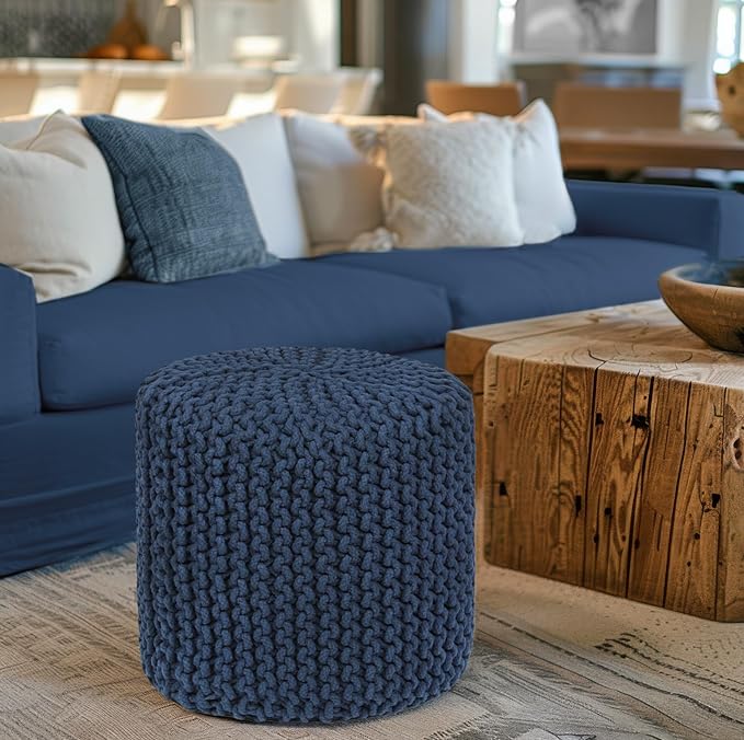 COTTON CRAFT Braided Round Pouf - Hand Knitted Cotton Cord Cable Dori Cylindrical Ottoman - Foot Stool - Floor Pouf - Footrest - Accent Seat - Living Room Bedroom Dorm Décor - 15 Round x 16 H - Blue