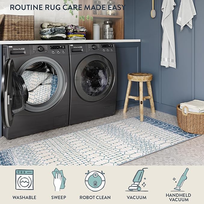 Lahome Moroccan Entryway Rugs Indoor - 2x3 Area Rug Blue Non-Slip Backing Washable Indoor Mats for Entryway Low-Profile Throw Soft Rugs for Bathroom, Geometric Print Door Rug for Kitchen Bedside
