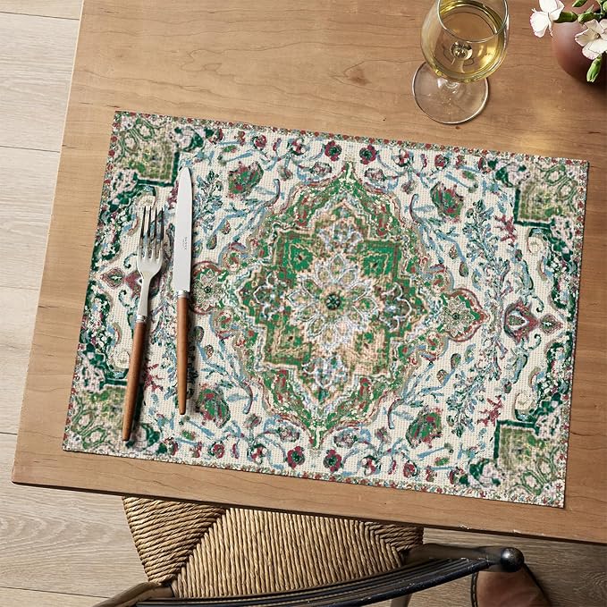 Artoid Mode Green Boho Bohemian Vintage Placemats Set of 4, 12x18 Inch Plastic Woven Washable Non-Slip PVC Place Mats for Party Kitchen Dining Decor