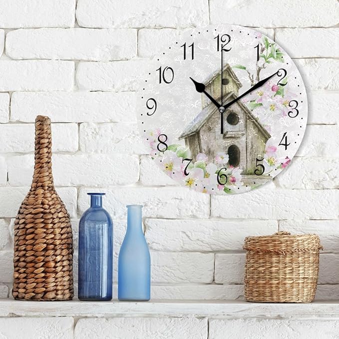 ALAZA Wall Clock Birdhouse Watercolor Floral Silent Non-Ticking Decorative Wall Clocks Battery Operated 10 Inch for Home Living Room Kitchen Bathroom Bedroom