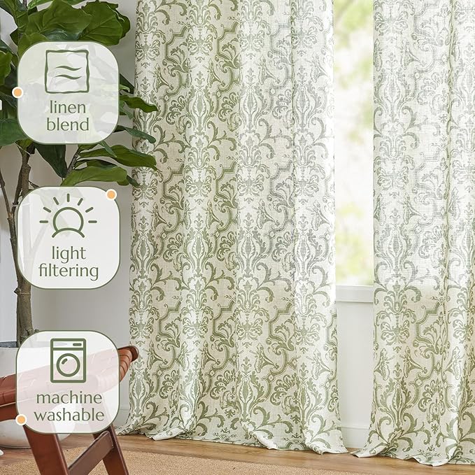 jinchan Curtains for Bedroom, Light Filtering 96 Inch Length 2 Panels Set, Baroque Style Linen Blend Drapes Living Room, Vintage Damask Window Treatments, Grommet Top Sage Green on Flax, W52 X L96