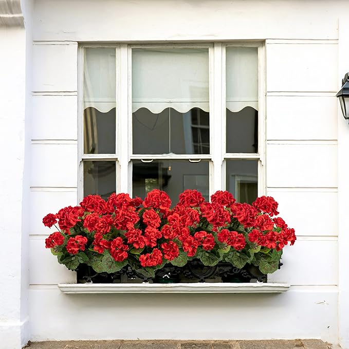 Plastic Flowers for Outdoors Home Decor Fake Plants Artificial Flowers Artificial Geraniums Outdoor Fake Flowers Silk Bouquet, Fall Decor for Interior Porch Garden Decor(Red) 8PCS 14.4"