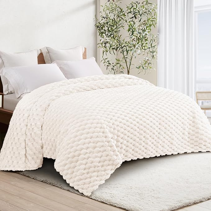 Whale Flotilla King Size Blanket for Bed with Jacquard Pattern, Fuzzy Soft Cozy Exquisite Blankets for All Season, Warm and Fluffy, 90x104 Inch, Ivory