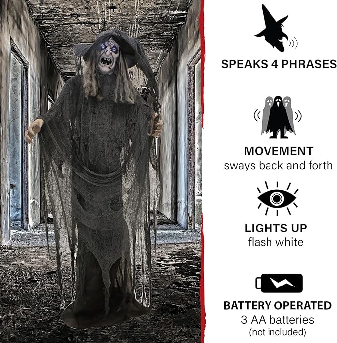 Haunted Hill Farm Life-Size Animatronic Scary Talking Witch with Touch Activated Lights and Sound, Indoor or Covered Outdoor Creepy Halloween Decorations for Home or Haunted House, Battery Operated
