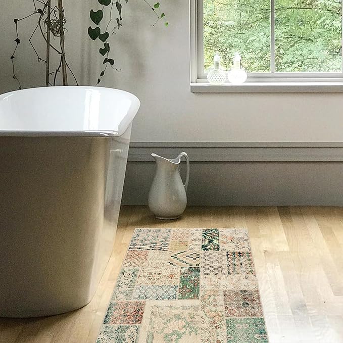 Boho Kitchen Rug Washable,4x6 Non Slip Small Area Rug for Bathroom Bedroom Indoor Entrway Ultra Thin Fit Under Door,Light Tan Beige Brown and Dark Green Rust Burnt Orange