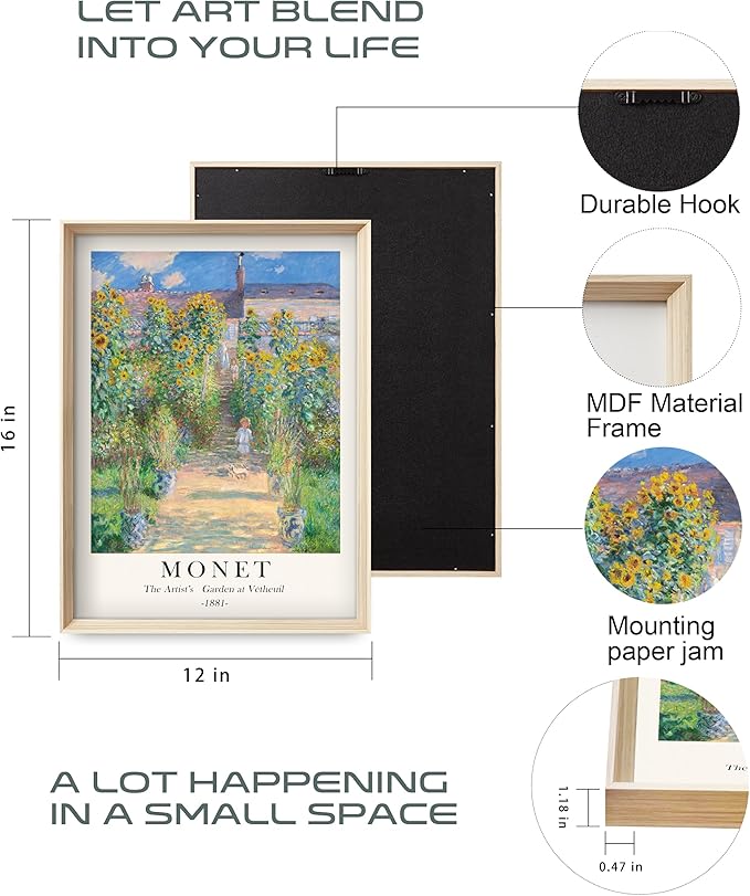HesenDot Framed Claude Monet Wall Art 3 Piece,12x16in High Framed Design Canvas Prints Wall Decor,Vintage Impressionism Landscape Artwork Poster Home Decoration for Living Room Bedroom Gallery Office