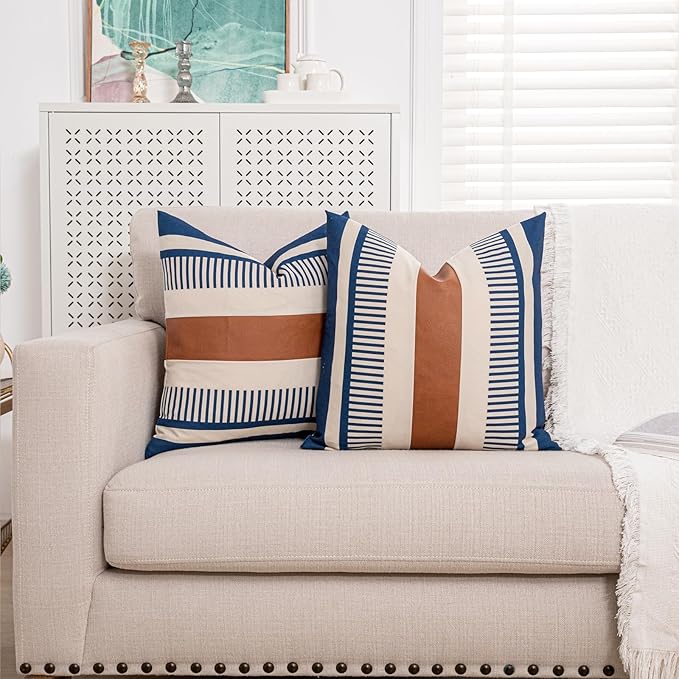 Farmhouse Stripe Pillow Cover 18x18 Boho Accent Cushion Case Faux Leather Decorative Pillowcase,Navy Blue and Beige (Cover ONLY, Pack of 2)