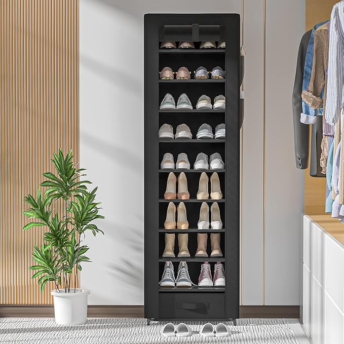 Shoes Rack 10 Tier Tall Shoe Rack Narrow Shoe Rack with Storage Box,Fabric Covered Metal Shoe Rack Organizer for Closets