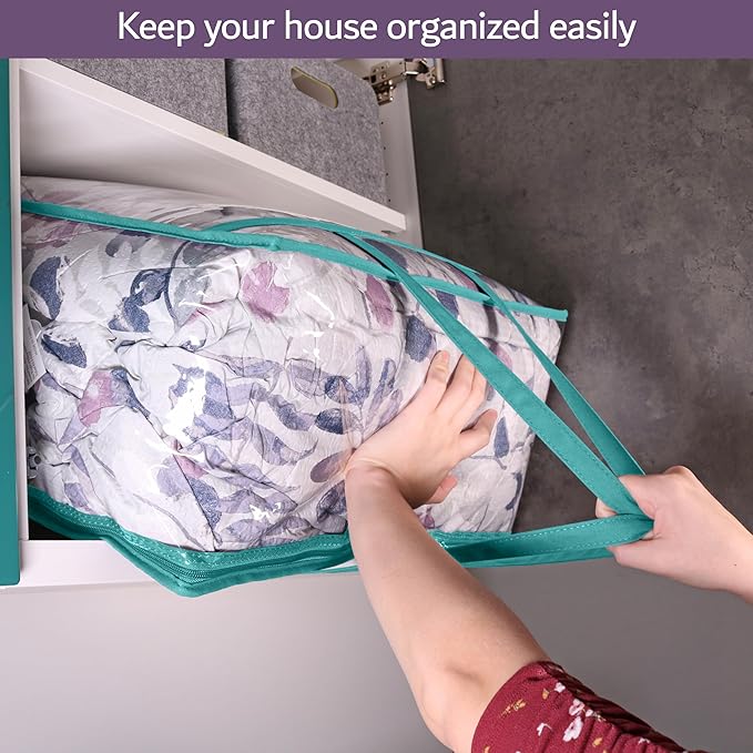 Clear Vinyl Zippered Storage Bags (3-Pack) 40L Sturdy Storage Bags for Sweaters, Blankets, Comforters, Bedding Sets and Much More! (Turquoise, 18x15x9)