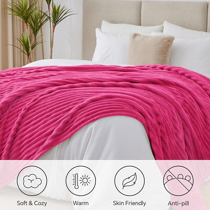 BEDELITE Blankets Queen Size for Bed, 300GSM Soft & Warm Fleece Blanket, Decorative and Giftable Striped Hot Pink Blankets for Women, Men, 90"x90"