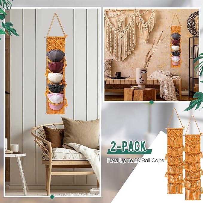 2 Pcs Baseball Cap Holder, Boho Macrame Hat Organizer for Wall, Over The Door Hat Rack for Decoration and Display Handmade Hanger for Baseball Holder up to 20 Caps(Yellow)