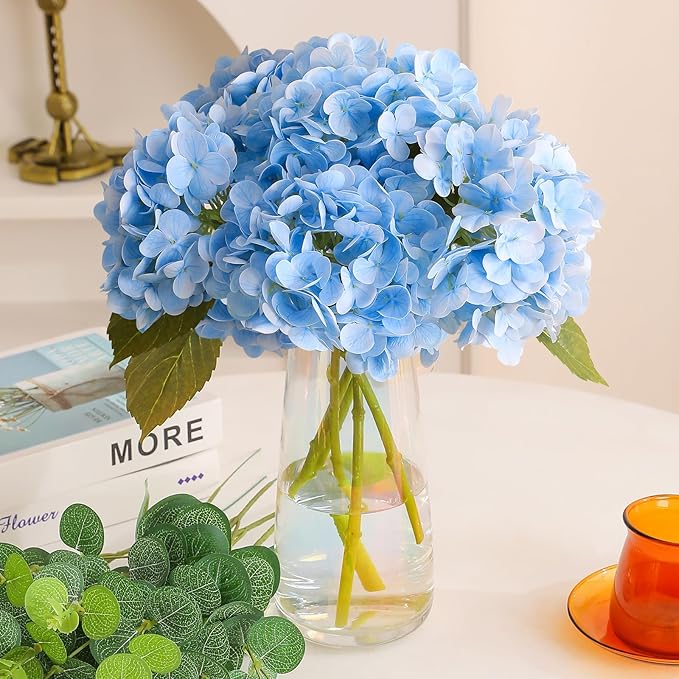 Tifuly Fake Hydrangea Artificial Flowers with Vase 4pcs Real Touch Faux Hydrangea and 3pcs Eucalyptus Stems for Wedding Centerpiece Home Party Table Decoration(Blue)