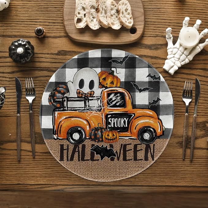 Artoid Mode Ghost Truck Halloween Round Placemats Set of 6, 14 Inch Holiday Bat Round Table Mats for Party Kitchen Dining Decoration