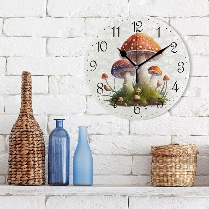 ALAZA Wall Clock Cartoon Mushrooms Silent Non-Ticking Decorative Wall Clocks Battery Operated 10 Inch for Home Living Room Kitchen Bathroom Bedroom