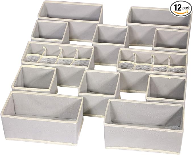 Set of 12 Foldable Drawer Organizer Dividers Cloth Storage Box Closet Dresser Organizer Cube Fabric Containers Basket Bins for Underwear Bras Socks Panties Lingeries Nursery Baby Clothes Grey NN246