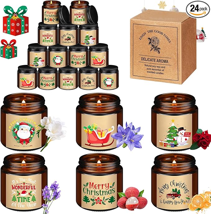MTLEE 24 Pack Scented Christmas Candles for Gifts Bulk 7 oz Jar Aromatherapy Candles for Holiday Gifts Spa Yoga Home Relaxation, 6 Fragrances (Stylish, Classic Scent)