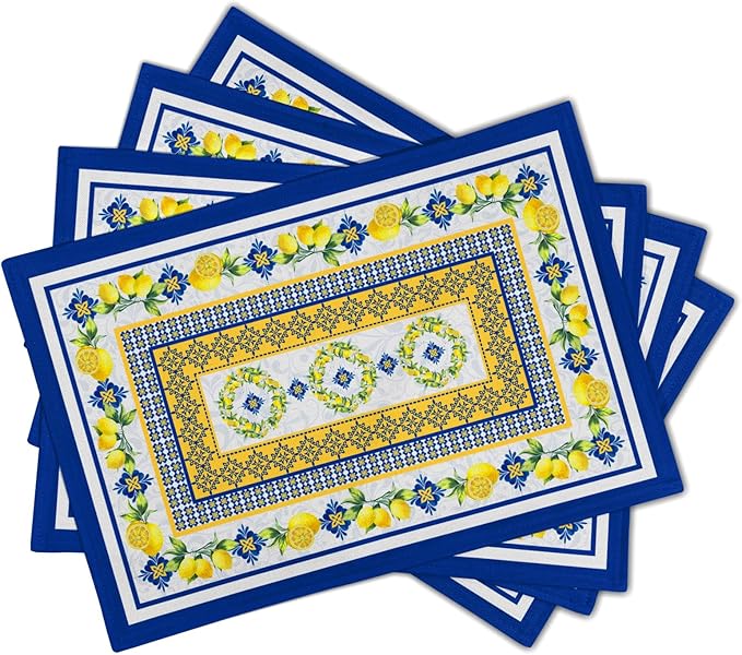 Lemon Summer Table Placemats for Dining 12 x 18 Inch Set of 4,Blue Yellow Boho Heat-Resistant Washable Table Non-Slip Rectangle Place Mat for Seasonal Party Kitchen Dining Table Decor