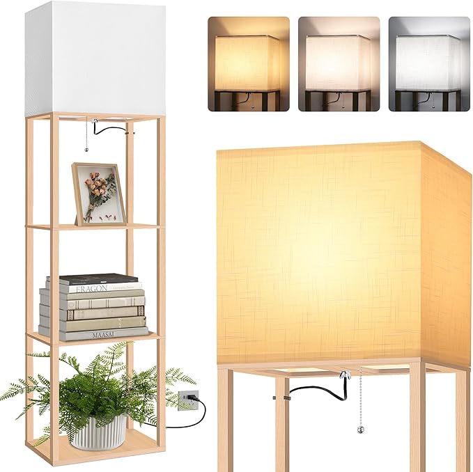 Dott Arts Floor Lamp with Shelves, Wide Floor Lamps for Living Room Display Shelf Lamps with 3 Color LED Bulb,Storage Wood Modern Floor Lamp for Bedroom Standing Lamp for Living Room Office(Burlywood)