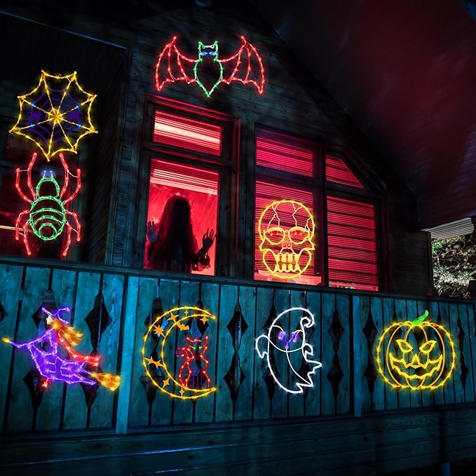Halloween Window Lights - 16" Halloween Window Silhouette Holiday Displays - 4 Pack Colour Lighted Bats & Ghost & Spider & Skull Head for Holiday Indoor and Outdoor Wall Door Window Decorate