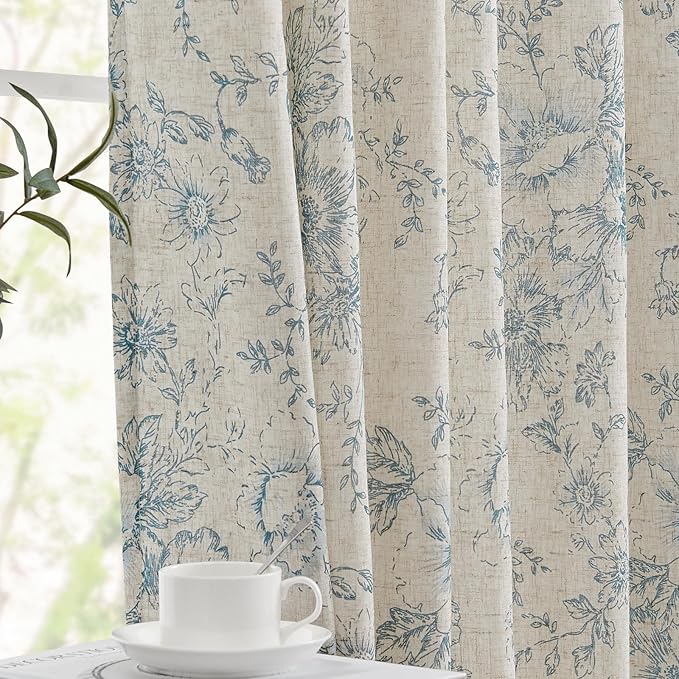 jinchan Lined Linen Blend Curtain Floral Curtains for Living Room 90 Inches Long Blue Peony Flower Printed Curtain Rod Pocket Back Tab Farmhouse Patterned Drapes Bedroom Window Curtains Set 2 Panels
