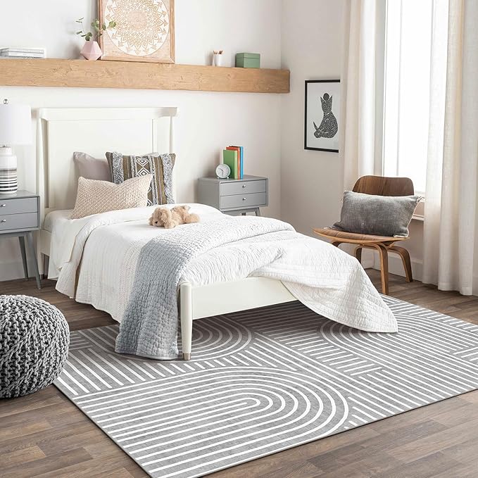 Washable Area Rug 5x7 - Boho Living Room Rug Stain Resistant Soft Bedroom Rug Ultra-Thin Grey Modern Abstract Rainbow Dining Room Rugs Indoor Carpet for Living Room Nursery Room