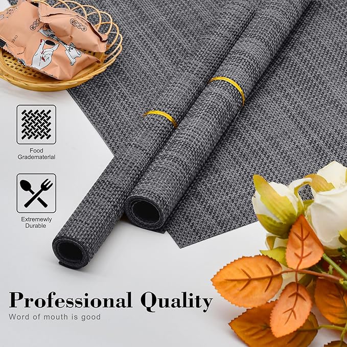 CADONO Placemats Set of 4 Washable Indoor/Outdoor Vinyl Place Mats for Dining Table Durable Non-Slip Heat Resistant PVC Weave Table Mats(Black)