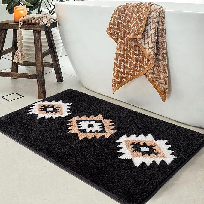 DEXDE Boho Bathroom Rugs 24x36, Black Aztec Bath Mat Non Slip Western Geometric Bath Rugs Luxury Soft Absorbent Carpet for Bathroom Shower Kitchen Entryway Farmhouse Modern