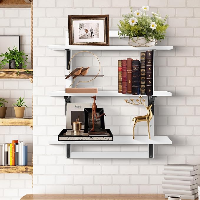 24-Inch Floating Shelves for Wall,3-Tier Wooden Wall Mounted Kitchen Shelves with Foldable Brackets,Hanging Wall Shelves for Living Room, Coffee Bar,Bedroom, Bathroom,Classic White