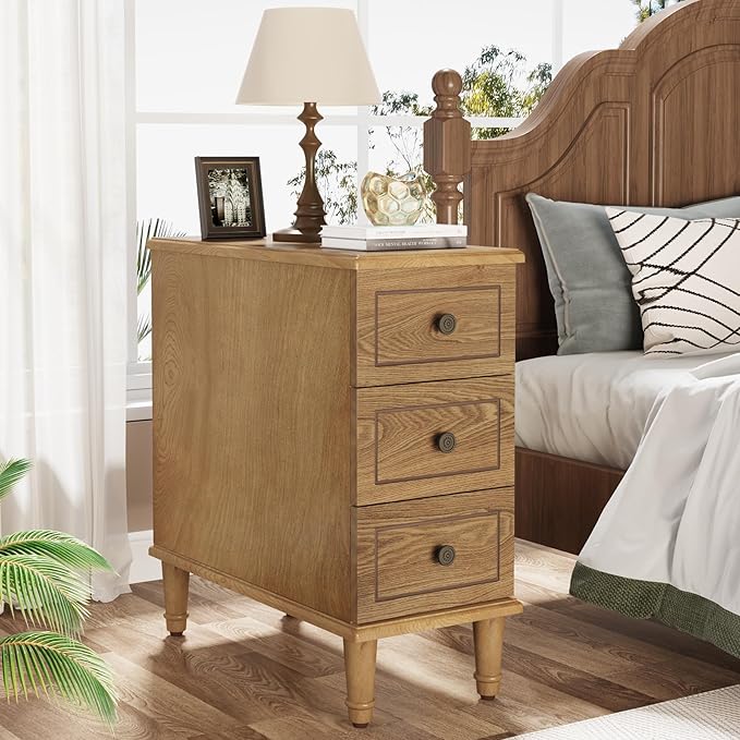 Tribesigns Solid Wood End Table, Fully Assembled Narrow Side Table with Drawers, Pre-Assembled Nightstand Slim Bedside Table for Small Spaces, Living Room, Bedroom, Wood Color, 2 Pcs