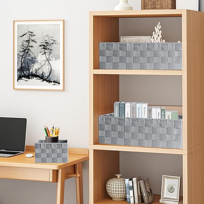 Drawer Organizer, Cube Baskets for Storage Shelves, Handmade Small Woven Basket, Shallow Storage Bins for Organizing Desk, Dresser, Kitchen, Pantry, Nested 7 Pack, Gray