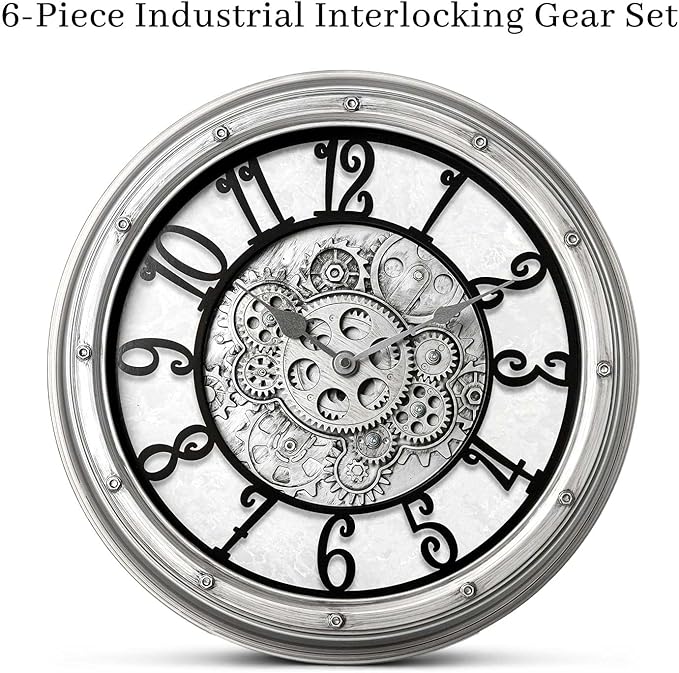 Wall Clock with Moving Gears, Vintage Industrial 16-Inch Silent Non-Ticking Steampunk Timepiece, Retro Frame Analog Battery Operated Rustic Mechanical Decor for Living Room, Home, Office, Loft(Sliver)