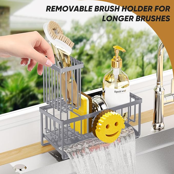 Sponge Holder for Kitchen Sink,Smiley Face Sink Caddy with Removable Brush Holder,Self-Draining Sponge Caddy for Sponge,Soap,Dish Brush,Scrubber,Kitchen Essentials and Gadgets-Gray