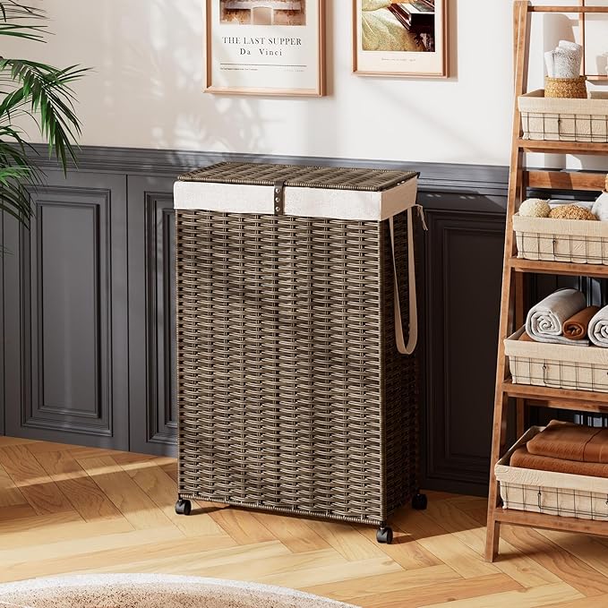 Rolling Laundry Hamper with Wheels and Lid, 90L Slim Laundry Basket with Removable Bag, Foldable Handwoven Rattan Laundry Sorter, Narrow Dirty Clothes Basket Organizer, No Assembly, Vintage