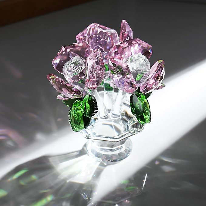 Pink Rose Flower Crystal Figurine with Vase, Handmade Bouquet Flowers Gifts for Wife Girlfriend Women Ornament , Crystal Flower Collectible Home Table Decor for Valentine's Day Wedding Anniversary