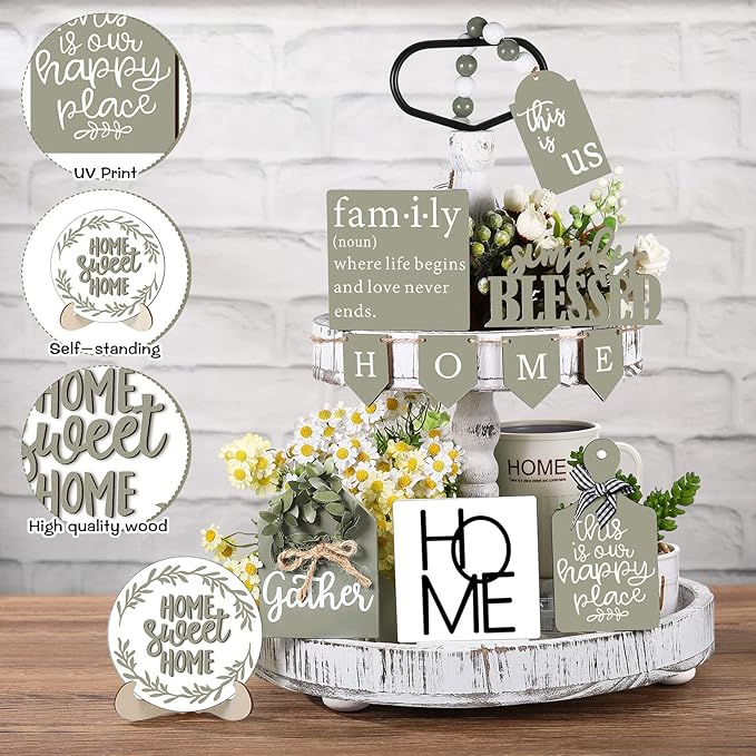 Set of 11 Summer Farmhouse Tiered Tray Decor Rustic Home Tiered Tray Decorations Set Home Wooden Signs This is Us Farmhouse Tabletop Wood Signs for Kitchen Table Decor