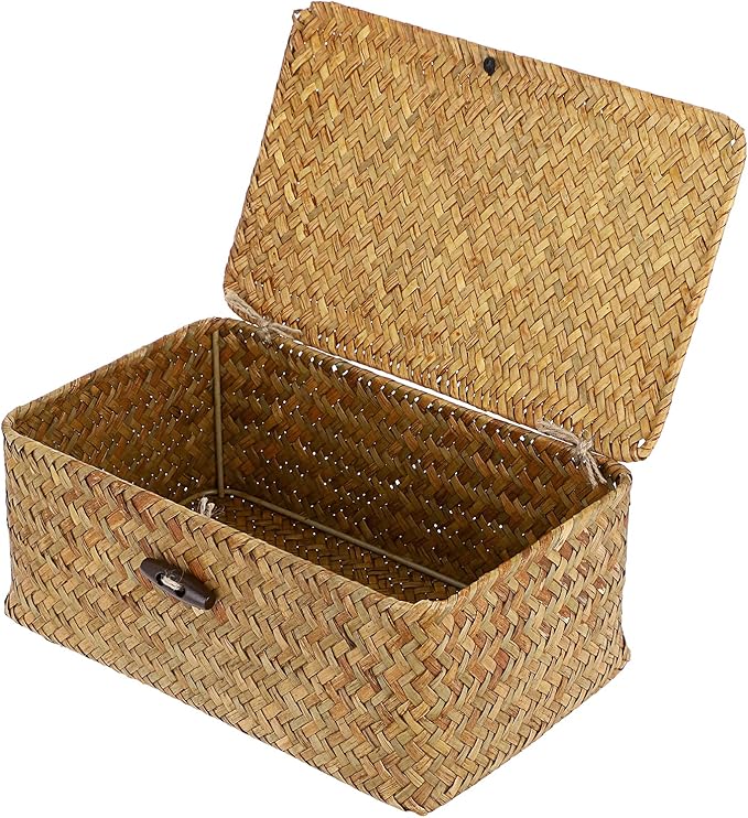 Hipiwe Wicker Shelf Baskets Bin with Lid, Handwoven Seagrass Basket Storage Bins Rectangular Household Basket Boxes for Shelf Wardrobe Home Organizer, Caramel Small