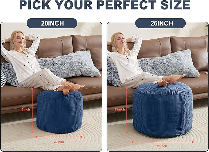 Round Stuffed Pouf Ottoman Chair with Foot Rest Navy Blue Poof Poofy Ottoman Stool Cover with Foam Chunk Filling 20x15 Poofs Ottomans Furniture