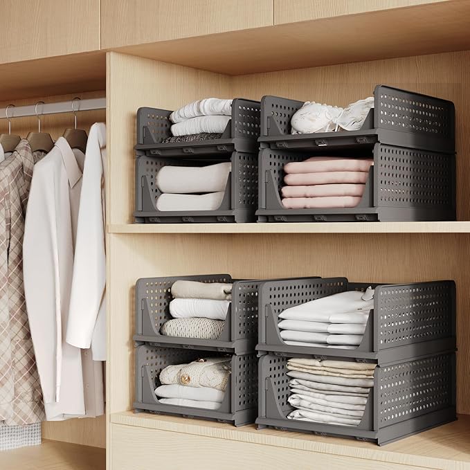 Pinkpum 4 Pack Folding Closet Organizers Storage Box, Stackable Plastic Drawer Basket for Clothing, Stackable Storage Bins Shelf Storage Container for Closet Wardrobe Bedroom Bathroom Office (Black)