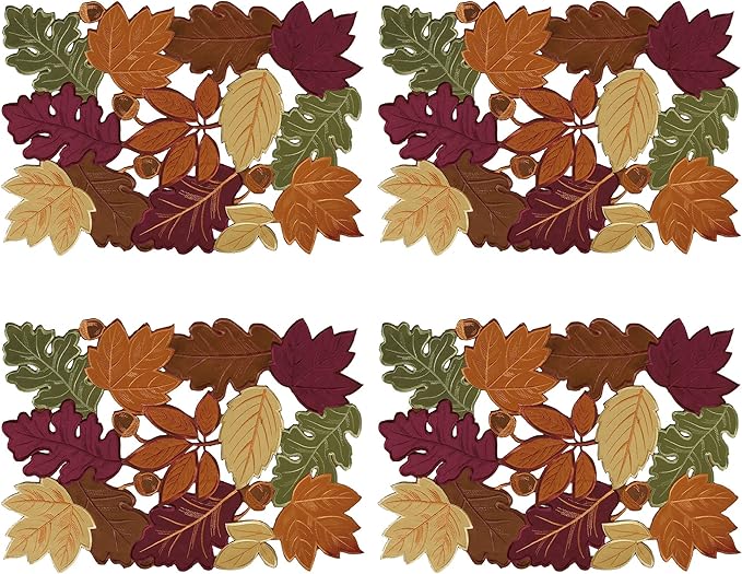 OWENIE 4 PCS Thanksgiving Placemats for Dining Table, 13 x 19 Inch Set of 4 Embroidered Maple Leaves Table mats for Fall, Harvest Applique Leaf for Autumn Decorations