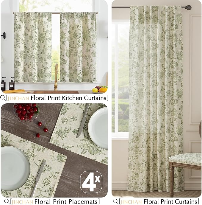 JINCHAN Linen Floral Fall Placemats Set of 4 Cloth Table Mats Rustic Cottagecore Jacobean Outdoor Seasonal for Kitchen Dining Table Decor Non-Slip Washable Tablemats 13x19 Inch Green