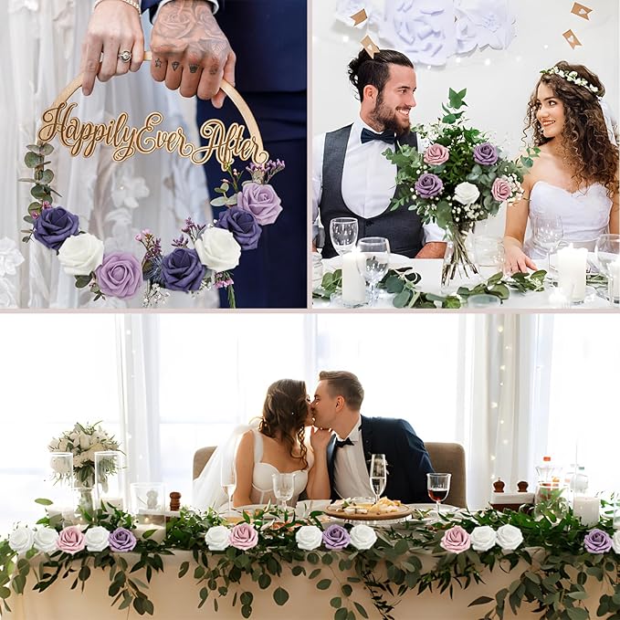 200PCS Artificial Flowers White Roses Real Looking Foam Fake Roses with Leaves and for DIY Wedding Bouquets Bridal Shower Centerpieces Party Decorations (White, 200)