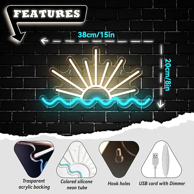 Sunrise Sunset Neon Sign Dimmable Beach Sun Wave Neon Sign for Bedroom Man Cave Living Room Party Bar Decor USB Powered LED Light