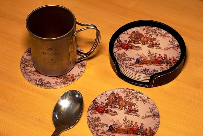 Vintage French Country Print Coasters for Drinks with Holder Leather Coasters Set of 6 Table Decor Protect Furniture from Water Marks Scratch and Damage