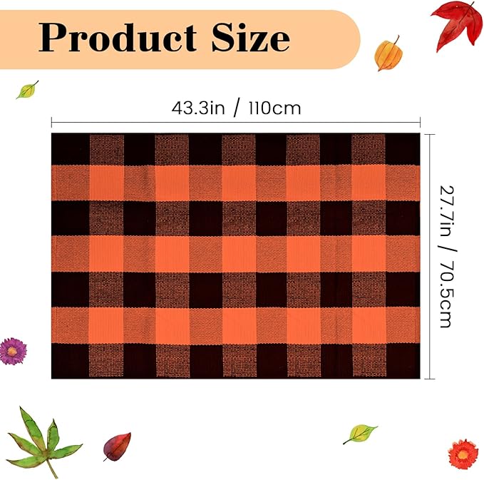Buffalo Plaid Rug 28 x 43 Inches Fall Outdoor Front Door Decor Mat, Cotton Washable Hand-Woven Rug for Layered Doormat, Autumn Halloween Thanksgiving Carpet for Porch (Orange and Black Plaid)
