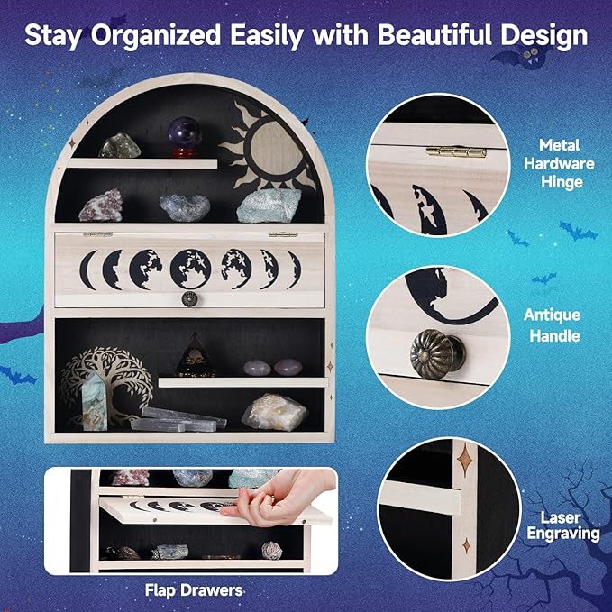 Ella & Emma Tree of Life Sun Crystal Shelf - Wall Hanging Crystal Display Shelf for Stones, Nail Polish, & Essential Oil Storage