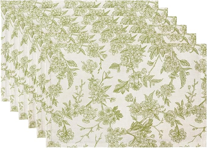 QIYI Boho Placemats Set of 6, 12x18 Inch Linen Fabric Floral Place Mats for Kitchen Dinning, Farmhouse Rustic Cloth Table Mats, Washable Placemat Party Table Décor, Green Botanical Art