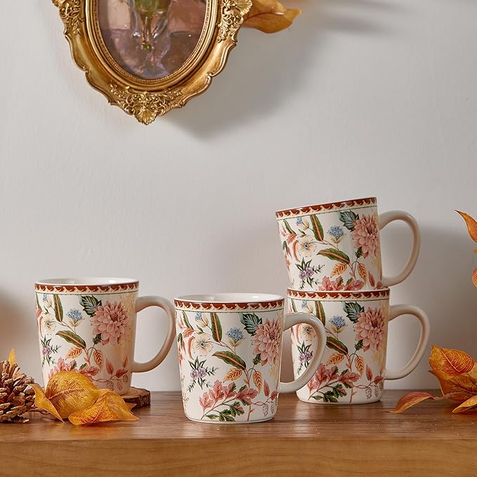 Bico Blooming Moment Ceramic Mugs, Set of 4, for Coffee, Tea, Drinks, Microwave & Dishwasher Safe