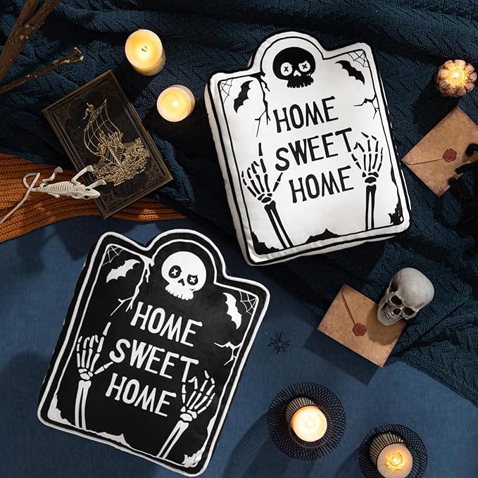 Phantoscope Happy Halloween Shaped Throw Pillow, Tombstone Shaped Pillow with Piping, 3D Soft Velvet Skull Halloween Pillow Decorative Cushion Pillow for Couch, White, 18 x 13.5 inch